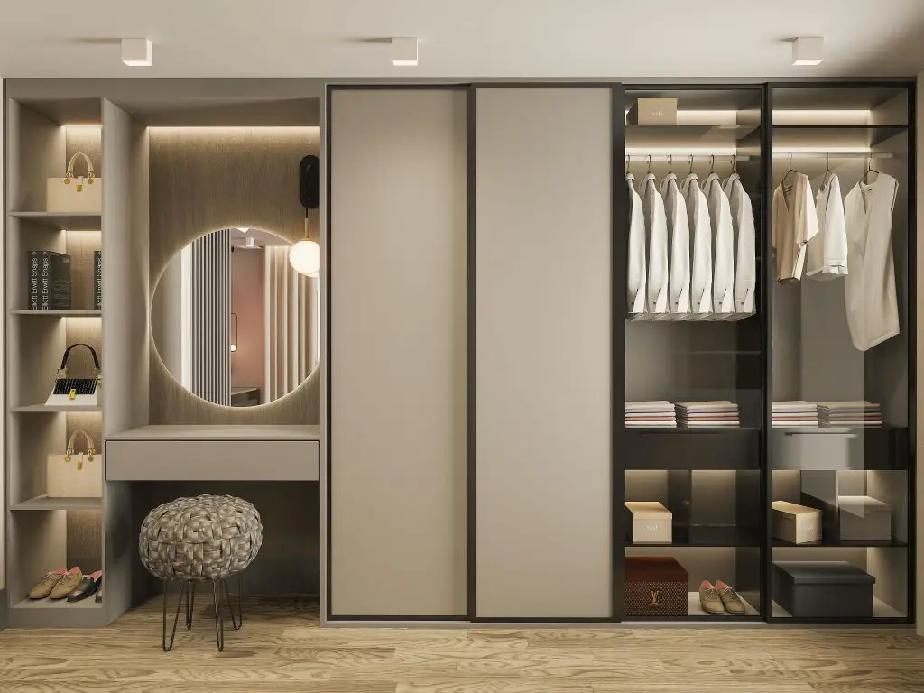 minimalist brown themed closet that is also luxury